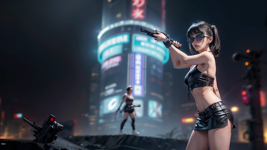 8k, Realistic Skin Texture, Realistic Photo, Neo Tokyo, slim Japanese women, large-breast:1.3 cleavage:1.2, AD2050 at night, Dirty hunting jacket, Wearing tube top, miniskirt, (((black sunglasses, automatic rifle, sneakers, cold, shooting pose, low angle view))), Innovative composition, revenge, cyberpunk, blade runner worldview, Large neon sign, Geisha hologram sign, Strong Wakamoto Sign.