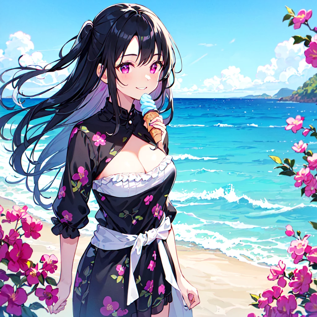 masterpiece, best quality, high quality, extremely detailed, very delicate and beautiful, (1 female 18 years old solo:1.5), (long black hair up to waist with two-side up:1.5), bangs to eyebrows, eyes Eyebrows are glossy, (eye color: magenta:1.3), 6.5 head height, (summer flower print dress: 1.3), knee socks, lace, frills, (smiling), (eating with soft ice cream), (standing), (dynamic pose), (background ocean beach: 1.3), ( blue sky:1.3), (upper body:1.3)