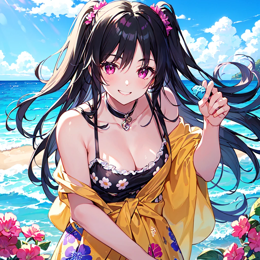 masterpiece, best quality, high quality, extremely detailed, very delicate and beautiful, (1 female 18 years old solo:1.5), (long black hair up to waist with two-side up:1.5), bangs to eyebrows, eyes Eyebrows are glossy, (eye color: magenta:1.3), 6.5 head height, (summer flower print dress: 1.3), knee socks, lace, frills, (smiling), (eating with soft ice cream), (standing), (dynamic pose), (background ocean beach: 1.3), ( blue sky:1.3), (upper body:1.3)