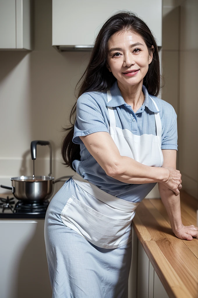 (masterpiece:1.4),(63-year-old woman:1.5),(facial wrinkles 1.2), (long hair : 1), A kind smile,maternal, Mature Woman, (white apron : 1.3), (short sleeve collared uniform : 1.2), acnes, skin blemishes, fleckles,(plump arms : 1.3), kitchen