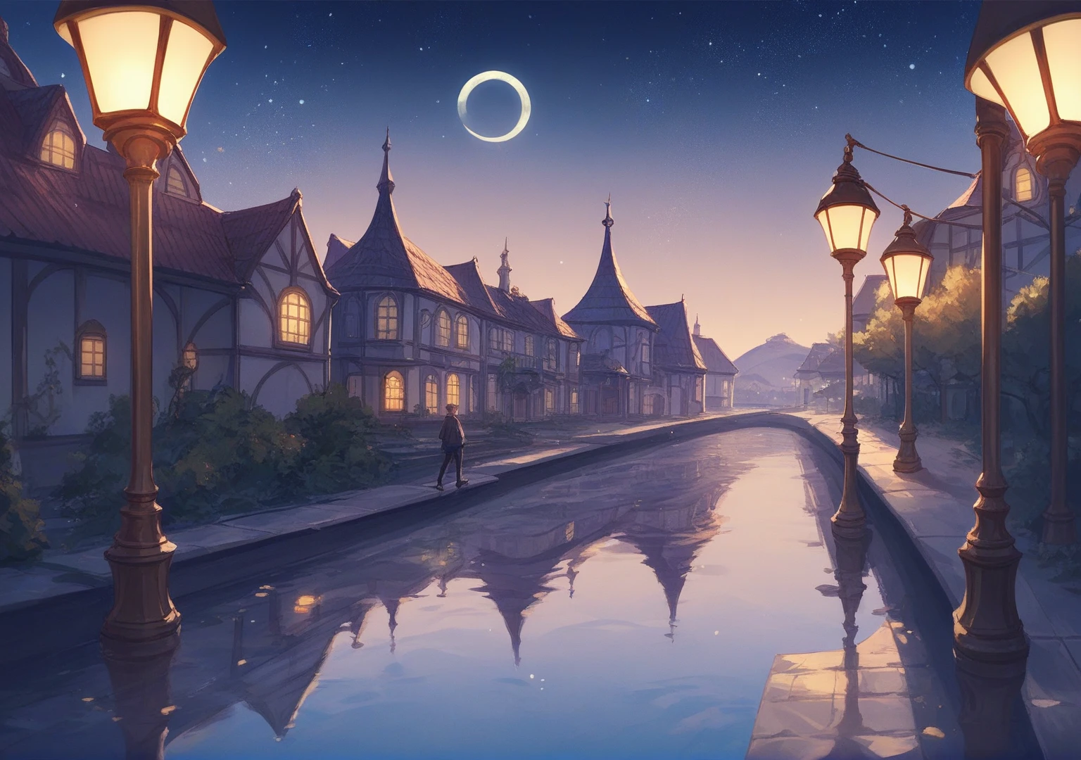 A man standing outside Bath railway station at nine o'clock in the evening. The moon is rising in a clear, starry sky over the houses opposite the station. The scene is lit by moonlight, creating a serene yet chilly atmosphere. The air is visibly cold, with a biting wind that feels like a flat blade of ice on the man's cheeks. The man looks slightly weary from travel, having just arrived on a slow afternoon train from London with a change at Swindon. The station is illuminated by soft, warm streetlights contrasting with the cold, starry night.