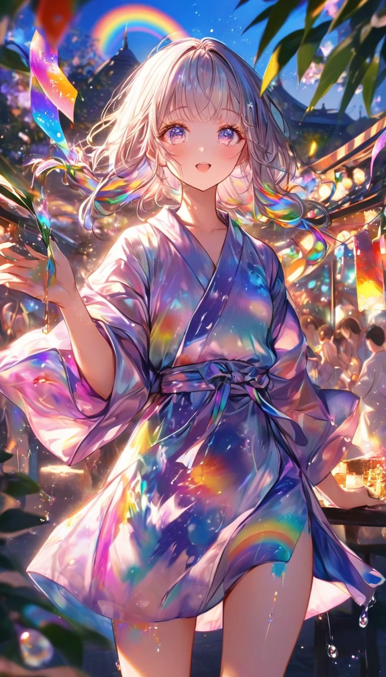 Tanabata、Strip、Bamboo leaf、Stripに願いをこめて、Stripを持っている、Grilling in a yukata,fluid,Particles of light, dream-like,Sparkling,dream-like glow,Paint drips,oil,strong stroke,Paint drips,Splash Paint Drop, oil,(Abstract:1.2)A girl made up of(Tanabataライトトレース:1.25),Change to (Radioluminescence light tracking) Style Fireworks,(Cowboy Shot,Above Knee Portrait:1.25),Temple Fair,Summer festival,Shining in rainbow colors、16K, Ultra-high resolution, to be born,wonderful ,future、Iridescent、The world 30 years from now。