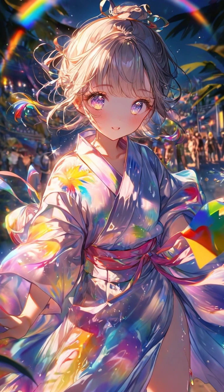 Tanabata、Strip、Bamboo leaf、Stripに願いをこめて、Stripを持っている、Grilling in a yukata,fluid,Particles of light, dream-like,Sparkling,dream-like glow,Paint drips,oil,strong stroke,Paint drips,Splash Paint Drop, oil,(Abstract:1.2)A girl made up of(Tanabataライトトレース:1.25),Change to (Radioluminescence light tracking) Style Fireworks,(Cowboy Shot,Above Knee Portrait:1.25),Temple Fair,Summer festival,Shining in rainbow colors、16K, Ultra-high resolution, to be born,wonderful ,future、Iridescent、The world 30 years from now。
