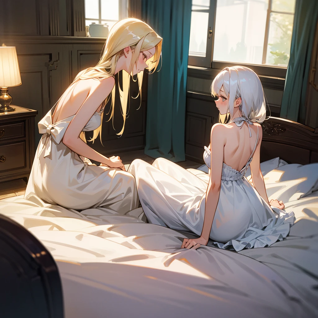 rear view, one girl is sitting on the other girl is lying down and taking off her night dress. one blonde the other with white hair. and they are included in the aristocratic bedroom from the manhwa and pursues another and undresses. in an intimate position