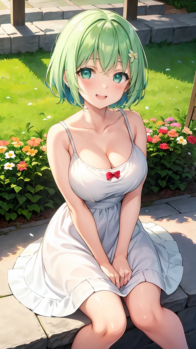 Girl with short green hair, Small size breasts, Small breasts、Green Eyes, White Casual Wear Beauty Special、(((tits))),Full body photo from head to toe、White dress、Colorful flower fields、Fluttering petals、A big smile when looking at the flowers、Uplifting