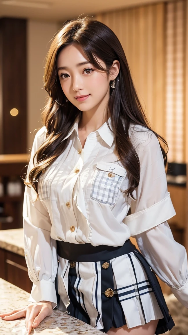 ((Kumiko Goto:1.3))Beautifully detailed face、Pale skin、Realistic glowing skin、Detailed cloth texture、Detailed hair texture、Perfect body、Beautiful Face、correct、Anatomically correct、 Highly detailed face and skin texture、Natural neck length、(Beautiful Hands)、(Fair skin:1.2)、Thin legs、Thin legs、 break 細かい目元、Symmetrical eyes、Light brown eyes、double eyelid、Thin eyebrows、(Glossy Lips:1.4)、((A kind smile:1.2))、(blush:1.1)、 break (Elegant and pretty girl:1.3)、Medium-sized large breasts、(Slim figure:1.1)、Toned Abs、Beautiful clavicle、 (Dark Blonde、Wavy Hair、Long Hair:1.2)、(Cowboy Shot:1.2)、((Hotel reception background, Blurred Background:1.4)), ((wearing white long sleeve button up blouse,Pleated mini skirt with many checked folds:1.3))、