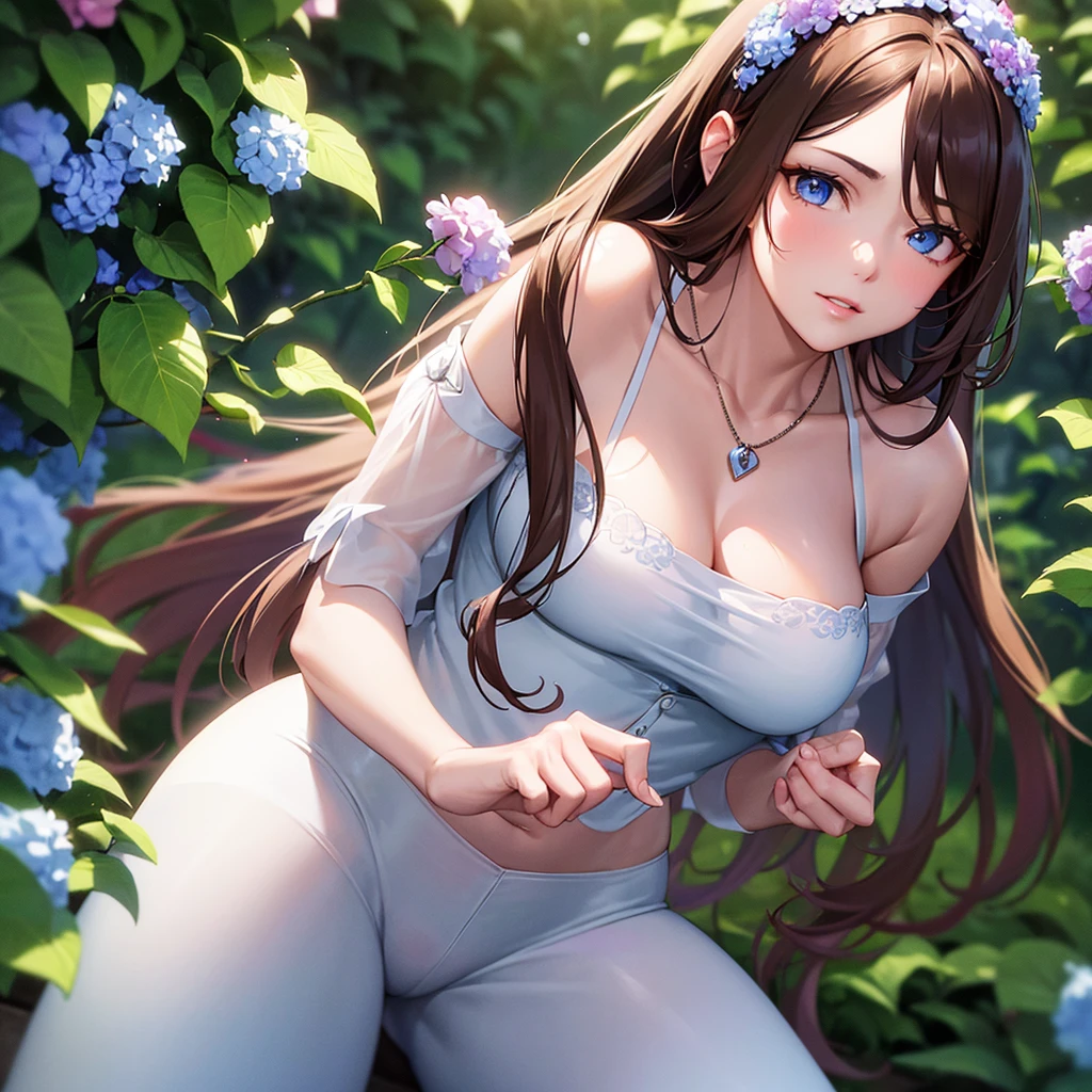 a beautiful woman with long brown hair, blue eyes, wearing a white shirt and hot pants, holding a neon red heart necklace, looking at the viewer, in a night scene with colorful hydrangeas, (best quality,4k,8k,highres,masterpiece:1.2),ultra-detailed,(realistic,photorealistic,photo-realistic:1.37),cinematic lighting,intricate details,vibrant colors,stunning portrait,elegant fashion