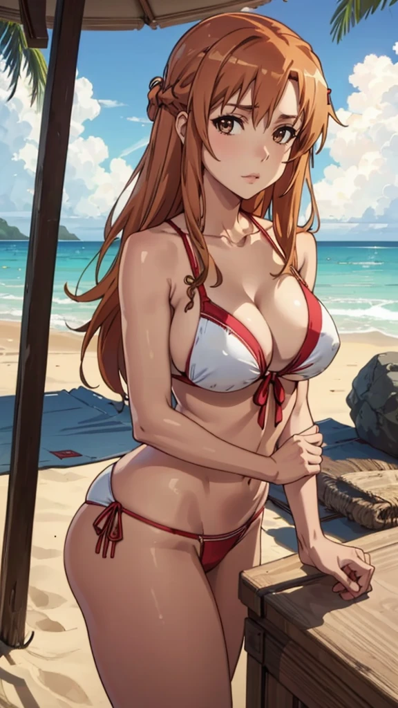(best quality:1.3), Asuna Yuuki, bikini, busty, cleavage, seductive, sexy, curvy body, big ass, big , (thong bikini), (beach)