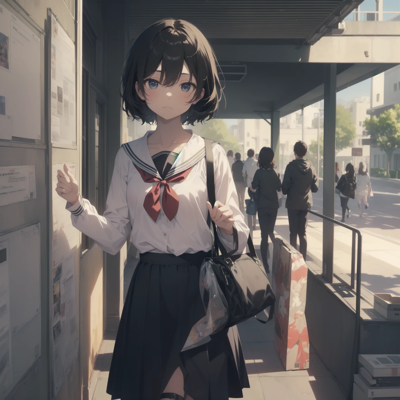 ultra-absurdres-Top quality by artist God, ultra-detailed, high resolution, anime moe artstyle, best anime 8k konachan wallpaper, pixiv contest winner, pool:2810, perfect anatomy,break, 1girl, (Please draw a girl walking sleepily to school alone. )break,(Solo,little female, 13-year-old:1.3),Full limbs, complete fingers,a junior high school student, (very short hair), short cut, flat chest, , small butt, small black eyes, beautiful detailed eyes, well-proportioned iris and pupils, expressive eyes, highres detailed hair, soft expression, salor school_uniform, sailor collar, serahuku, bow, pleated skirt,(Detailed Lighting), (Detailed background), in the School commute route. break,super detailed skin, Best cinematic lighting powered by famous artist, 8k,beauty illustration,photoshop_(medium),very aesthetic,break,((artist:mochi_au_lait )), artist:clamp ,artist:carnelian ,artist:kantoku ,