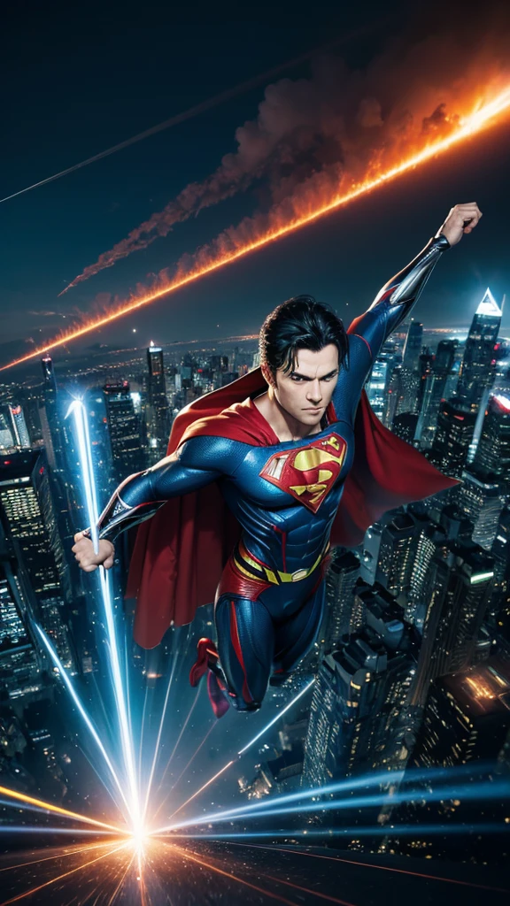 Masterpiece, best quality, NVIDIA RTX, sharp picture, cinematic lightning, ((hi-tech futuristic Superman)), ((Superman symbol)), ((flying away from explosion)), full of anger, perfect face, proportional body, luminous mecha-armor:1.3, glowing mecha armor:1.3, (cape blown by strong winds:1.3), full body, epic lights reflection, night, smokes, from above