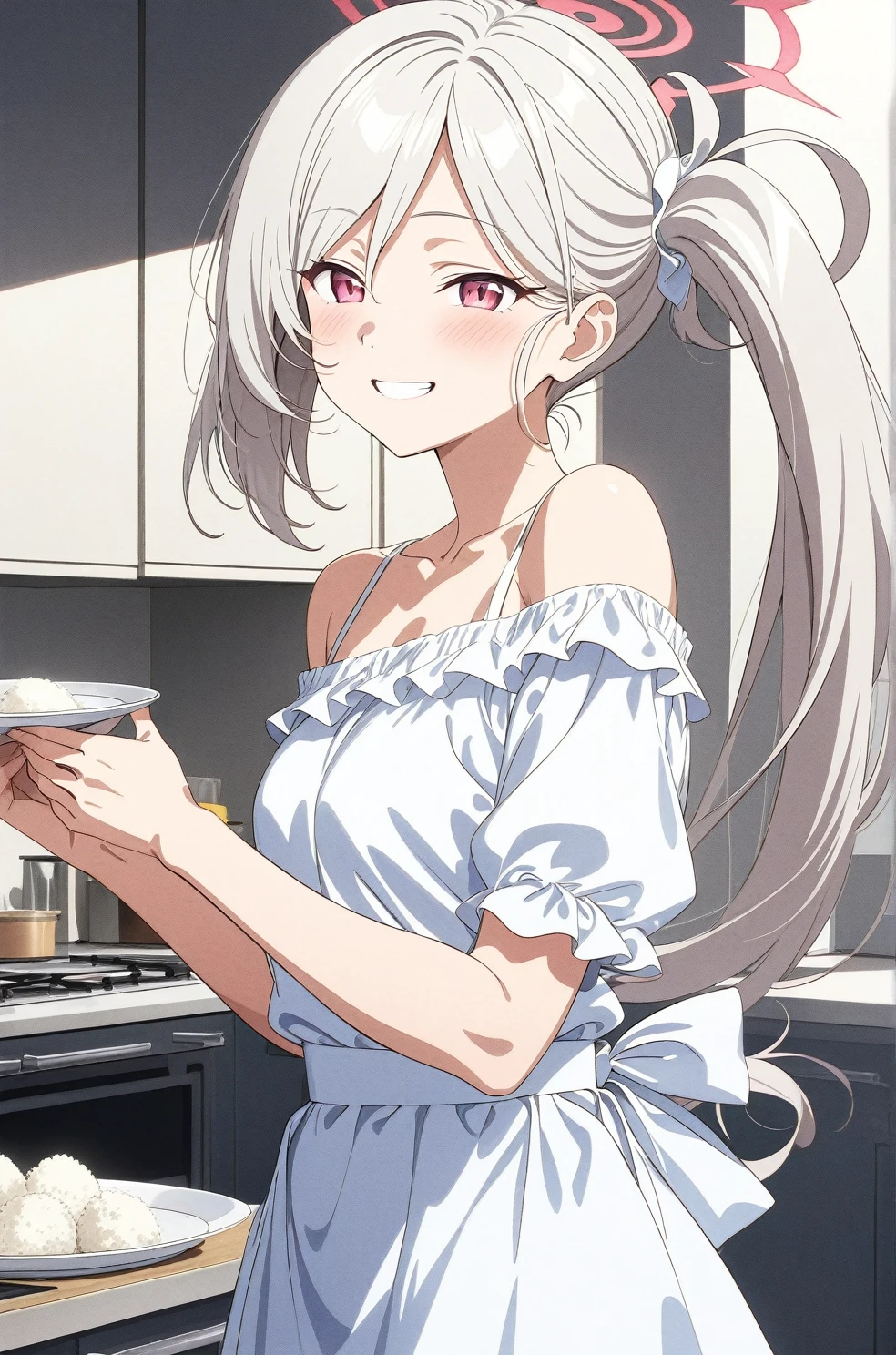 best quality, amazing quality, very aesthetic, absurdres, (1girl, mutsuki, blue archive, solo, red eyes, white hair, side ponytail), (realistic face:0.9),(off-shoulder dress:1.8),dress lift, (grin, blush, thigh:1.3), (cowboy shot), (glowing eyes), (half closed eyes:0.9), (from side:2),(official art:1.3), (kitchen), expressive eyes, perfect face, 4k, extremely detailed anime illustration, extremely detailed eyes, perfect anatomy, light rays, extremely delicate body, smooth skin, (school background:1.5), clear eyes, beautiful face, small breasts,(anime style:1.7), (Tan:0.6), (highres:2), In the kitchen, brightly lit by the morning sun, a woman in a white apron is smiling at us. In her right hand is a handful of rice balls, and in her left is a small white plate filled with salt. Her smile is as if she is saying, "Look, it's almost ready.