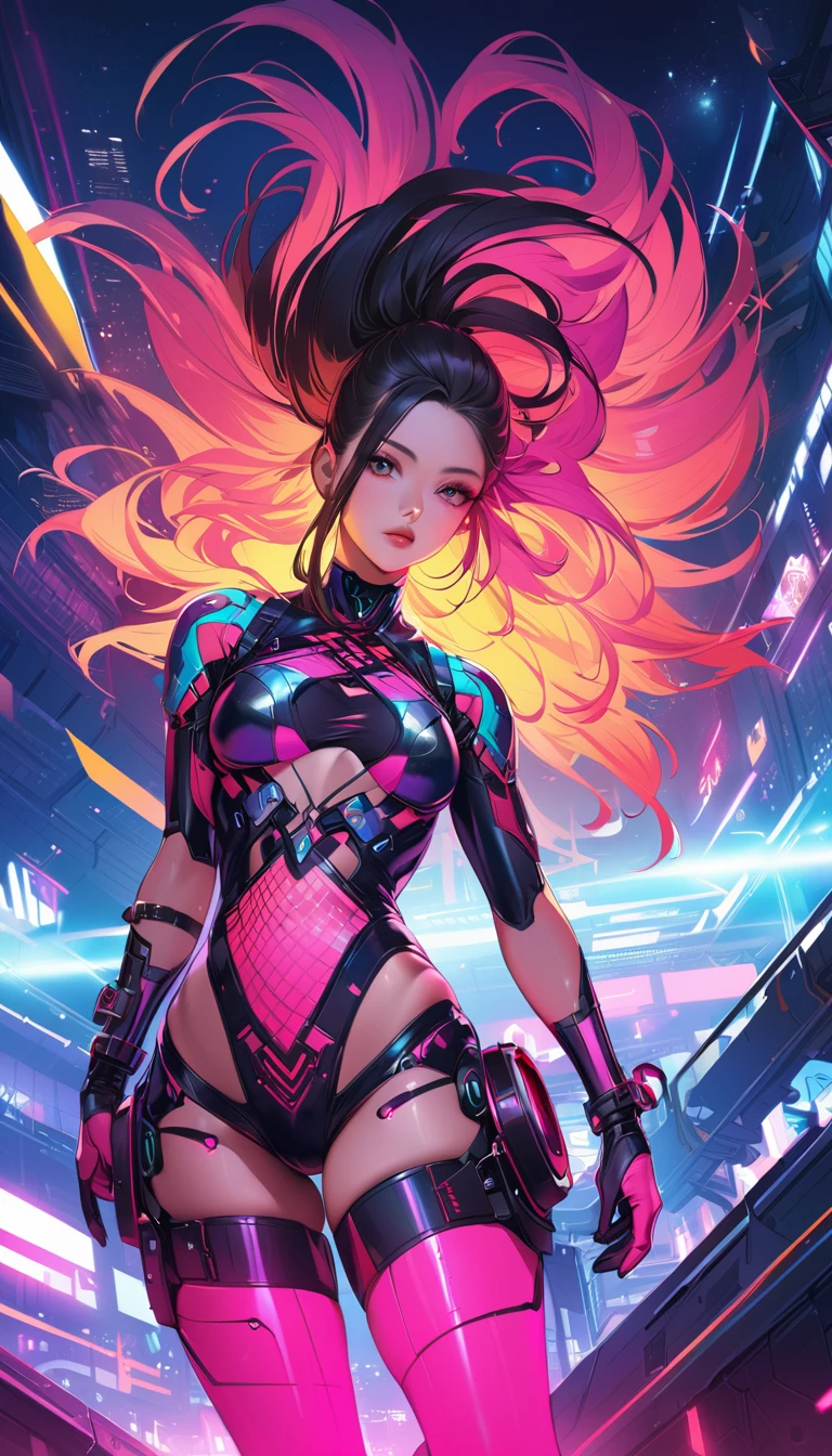 a cyberpunk-inspired woman, porcelain skin, pawg, intricate cyberpunk outfit with bold colors and patterns, eye-catching accessories, trendy and innovative hairstyle, highres, 4k, ultra-detailed, photorealistic, hyper detailed, gorgeous, flawless skin, dramatic lighting, cinematic, digital art, concept art