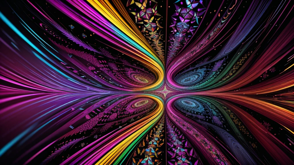 ((kaleidoscope)), psychedelic, multicolored dynamic abstract liquid flow particles turbulence vizalise endless ((mandelbrot fractals)) in ((psychedelic patterns)), kaleidoscope, multi - colored vivid colors, vector art, Cinema 4D,render fully dynamic motion design, X-Particles, Dynamics FX, bend and shatter reality for amazing visual effects production,vivid colors, warm color tones,sharp focus, depth of field, cinematic, realistic, uhd, hdr, 8k, 
