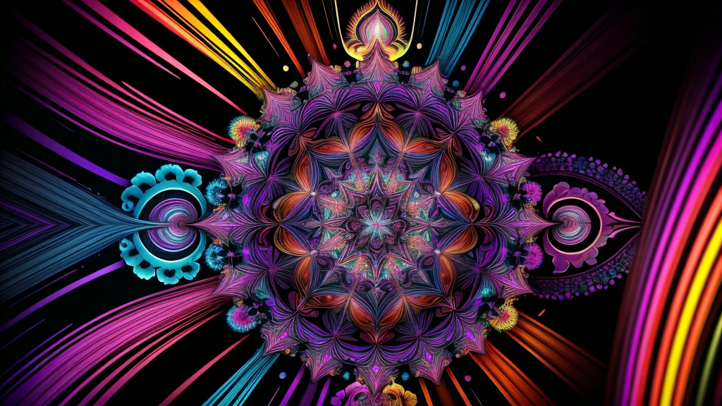 ((kaleidoscope)), psychedelic, multicolored dynamic abstract liquid flow particles turbulence vizalise endless ((mandelbrot fractals)) in ((psychedelic patterns)), kaleidoscope, multi - colored vivid colors, vector art, Cinema 4D,render fully dynamic motion design, X-Particles, Dynamics FX, bend and shatter reality for amazing visual effects production,vivid colors, warm color tones,sharp focus, depth of field, cinematic, realistic, uhd, hdr, 8k,