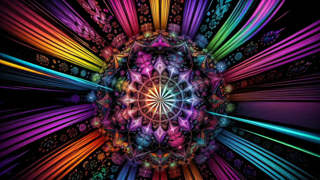 ((kaleidoscope)), psychedelic, multicolored dynamic abstract liquid flow particles turbulence vizalise endless ((mandelbrot fractals)) in ((psychedelic patterns)), kaleidoscope, multi - colored vivid colors, vector art, Cinema 4D,render fully dynamic motion design, X-Particles, Dynamics FX, bend and shatter reality for amazing visual effects production,vivid colors, warm color tones,sharp focus, depth of field, cinematic, realistic, uhd, hdr, 8k, 
