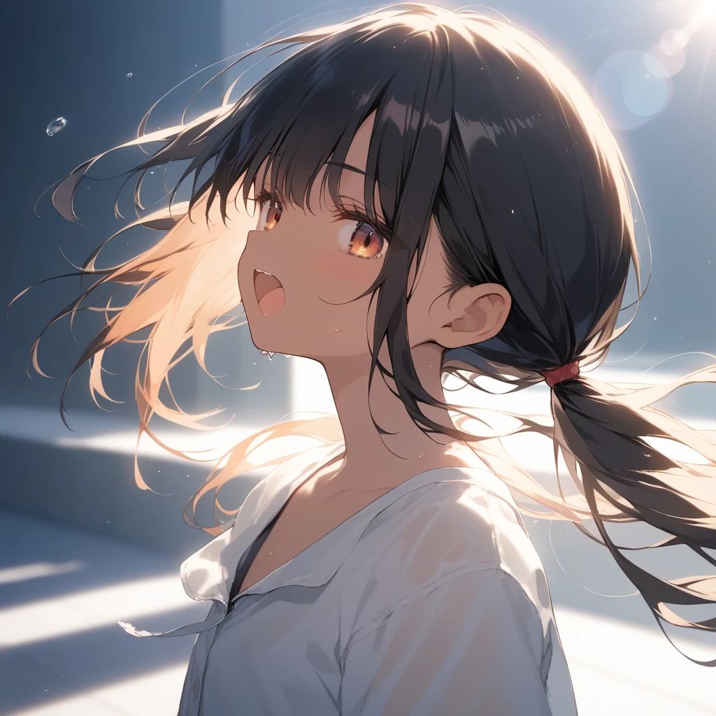 score_9, score_8_up, score_7_up, source_anime, best quality, masterpiece, official art, absurdres, highres, ultra-detailed,waifu2x,Collection: Slice of Life,break,1girl, tomboy, dark-skinned female, short hair, low ponytail, flat chest, beautiful detailed eyes, short shorts, sweat, open mouth, (yawn:0.3), sleepily, outdoors, wind, break,dewy skin, perspiration on the skin,skin texture, fine lines, pores, natural imperfections,light reflections, glossy skin, shiny skin,break,Rim Lighting, Subsurface Scattering, God Rays, Chromatic Aberration, Bokeh, Lens Flare, Volumetric Lighting, Anamorphic Lens Flare, Bloom, Depth of Field,backlight, soft bounced lighting, soft natural lighting, candolelight, neon light, hard(soft) shadows, spot light,break,(clear line illustration:1.2),very high resolution, very aesthetic, super detailed skin, Best sexual lighting powered by famous artist, 8k,cute picture,beauty illustration,photoshop_(medium),,(Detailed Lighting),best anime 8k konachan wallpaper, pixiv contest winner,