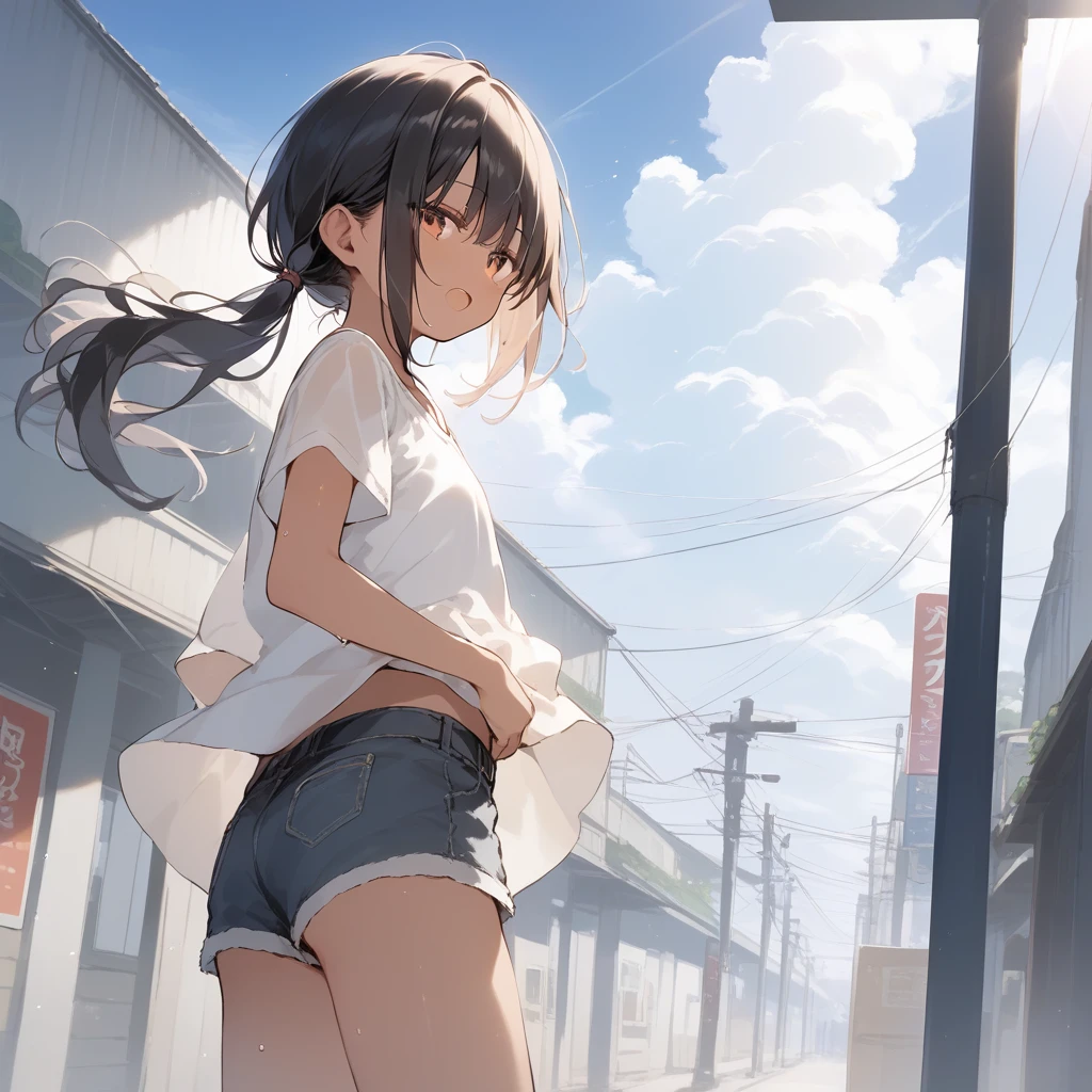 score_9, score_8_up, score_7_up, source_anime, best quality, masterpiece, official art, absurdres, highres, ultra-detailed,waifu2x,Collection: Slice of Life,break,1girl, tomboy, dark-skinned female, short hair, low ponytail, flat chest, beautiful detailed eyes, short shorts, sweat, open mouth, (yawn:0.3), sleepily, outdoors, wind, break,(clear line illustration:1.2),very high resolution, very aesthetic, super detailed skin, Best sexual lighting powered by famous artist, 8k,cute picture,beauty illustration,photoshop_(medium),,(Detailed Lighting),best anime 8k konachan wallpaper, pixiv contest winner, 