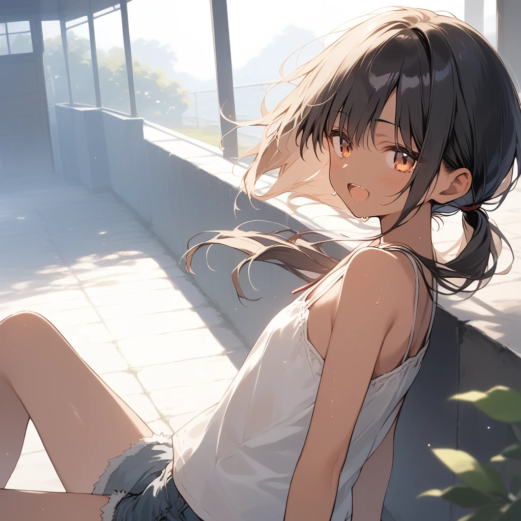 score_9, score_8_up, score_7_up, source_anime, best quality, masterpiece, official art, absurdres, highres, ultra-detailed,waifu2x,Collection: Slice of Life,break,1girl, tomboy, dark-skinned female, short hair, low ponytail, flat chest, beautiful detailed eyes, short shorts, sweat, open mouth, (yawn:0.3), sleepily, outdoors, wind, break,(clear line illustration:1.2),very high resolution, very aesthetic, super detailed skin, Best sexual lighting powered by famous artist, 8k,cute picture,beauty illustration,photoshop_(medium),,(Detailed Lighting),best anime 8k konachan wallpaper, pixiv contest winner, 