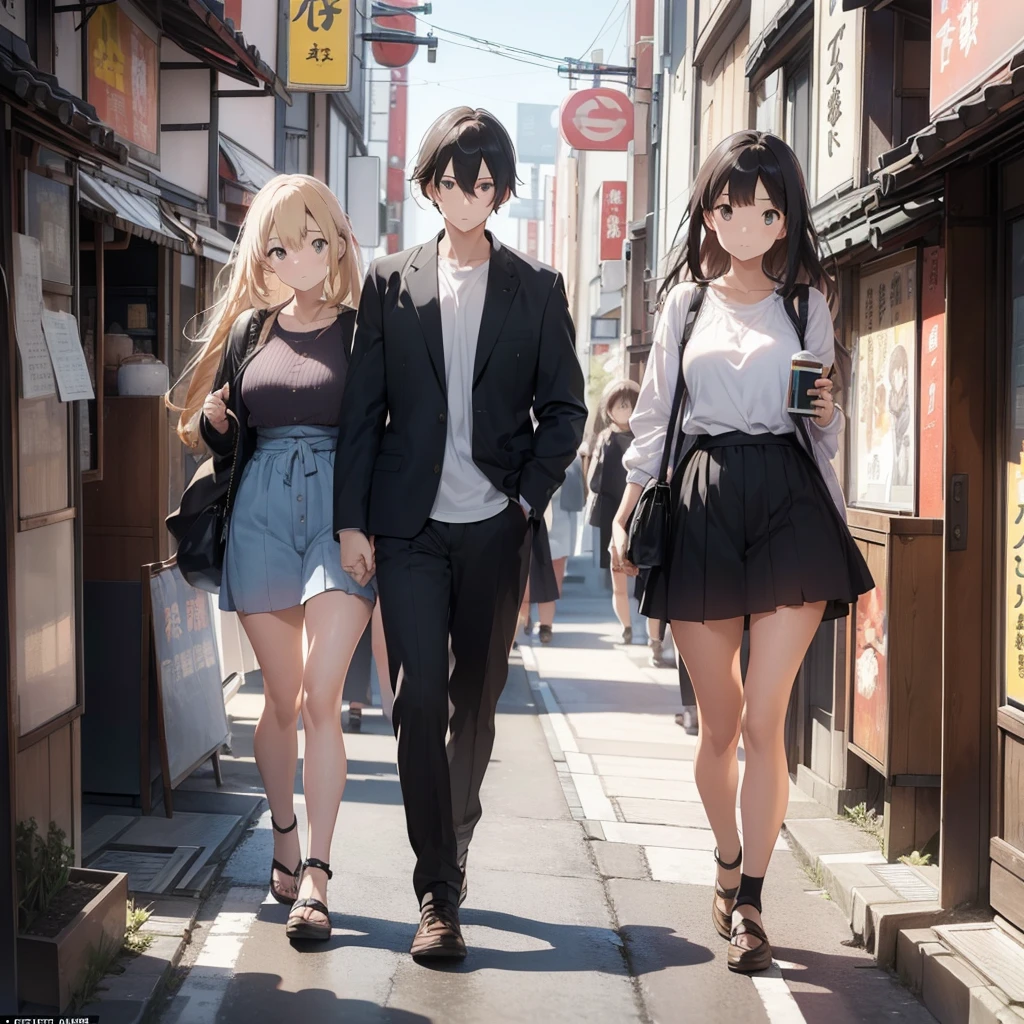 ((A perfect couple: a tall boy and a beautiful girl)) (((whole body))), whole body, (Walking through the streets of Japan)