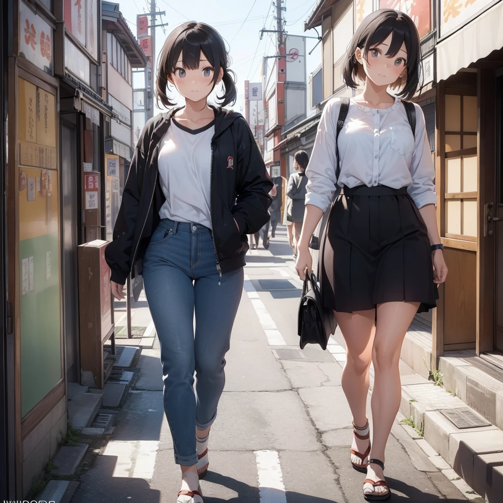 ((A perfect couple: a tall boy and a beautiful girl))  (((whole body))),  whole body, (Walking through the streets of Japan)