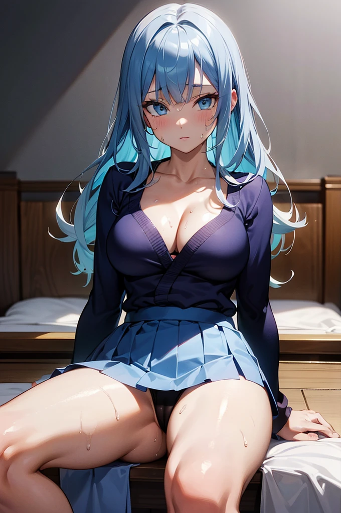 Highest quality, masterpiece, 4K, Highly detailed face, Highly detailed skin, Highly detailed wallpaper, Japanese anime, Second Dimension, Small face, Big Breasts, Normal body, Accurate body, Fine skin, Very beautiful cleavage, NSFW, whole body, One girl, A face that makes you want to have sex, On the bed, Sweaty, Cosplay, , mini skirt, Spread your legs