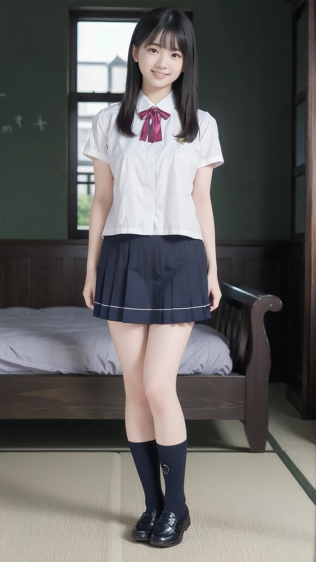 Japanese women, (smile:1.05),Browsing Caution、8K,Highest quality, masterpiece, Very detailed, 超High resolution, Realistic, RAW Photos, , Absolute Resolution, Complete limbs、Complete Anatomy、Perfect beautiful skin、cute女の子1人,cute女の子 、、(smile:1.2)、Lolita Girl、(school uniform:1.3)、(Non-sleeved shirts:1.1)、 When you raise your hands above your head, you can see your armpits.、、Micro Mini Skirt、、Accentuate your thighs、cute女の子、 , Realistic young gravure idol, Japanese Girls、、alone、(bedroom:1.2)、Mix 4, (16K, Raw photo, Best image quality, masterpiece: 1.45), (Realisticな, Photorealistic: 1.37), One Girl, cute, Professional Lighting, Photon Mapping, bedroom, Physically Based Rendering, Dark brown long bob hair,Beautiful, well-groomed eyes、double eyelid、With a girl, (((日本の女子高生が着ているNon-sleeved shirts、Checkered mini skirt,、Dark blue socks、Black Loafers))), Highest qualityの写真, High resolution, 1080P, (Clear Face), (Detailed face description), (Detailed hand description), (masterpiece), masterpiece、Rich details、(Beautiful Faces)、(Highest qualityの写真)、(Detailed eyes)、 in front of you、Thin clavicle、((Slim and large))、(((Japan wears short-sleeved shirts)))、((Pure Idol))、((明るいbedroom))、(Shot from random perspectives)、(((とにかくcute)))、smile、Drawing the whole body from the knees、 nasolabial folds、(Large firm breasts:1.2)、Firm big ass、Two arms and two legs、(((from the front:0.4)))、bare hands、Symmetrical eyes、