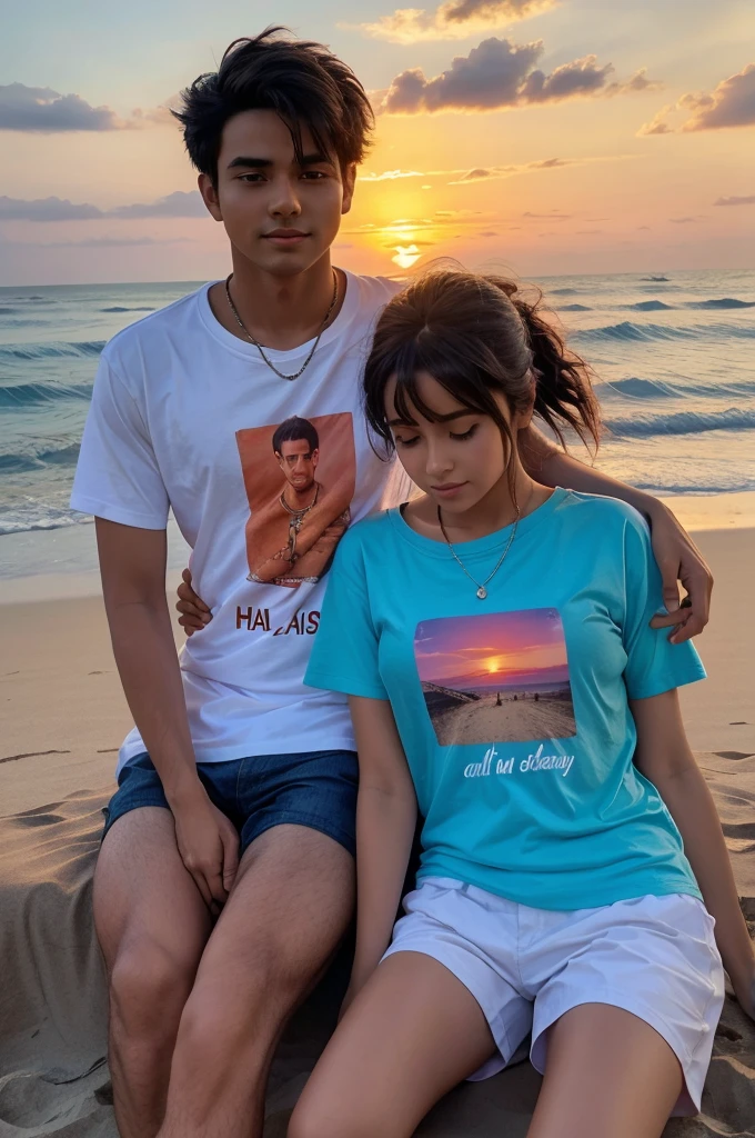 A Couple sitting on a beach enjoying sunset,boy wearing a shirt Ashu written on it and girl wearing a shirt snehu written on it.