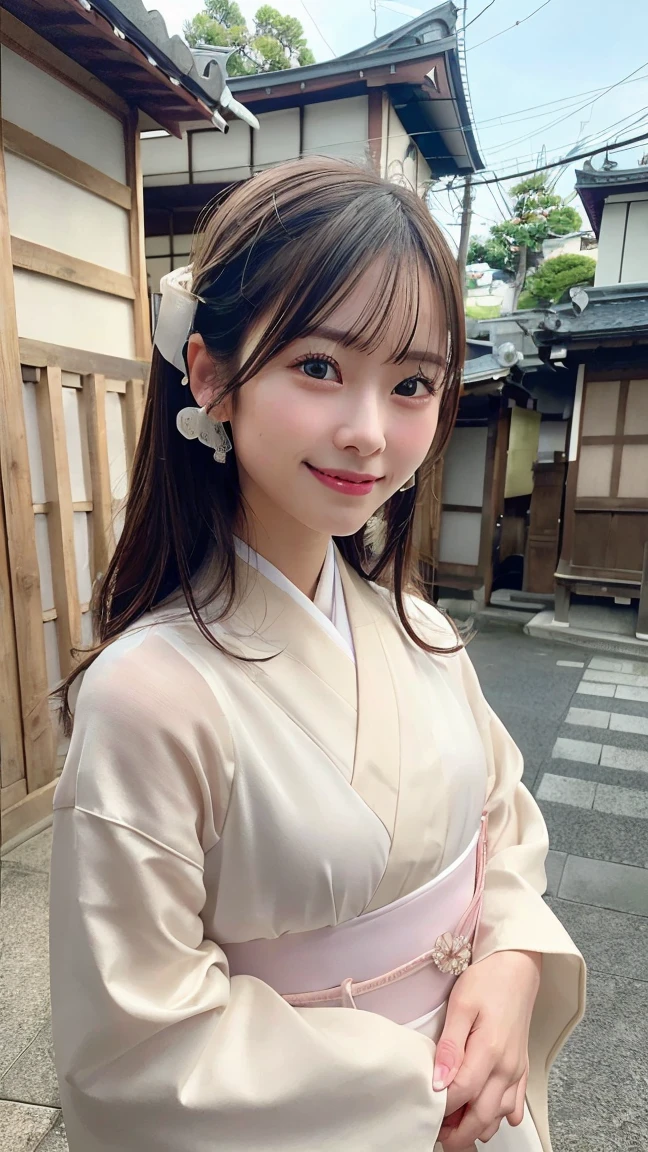 professional lighting,(Photoreal:1.4), (Top image quality:1.0), (超A high resolution:1.0), 8k, Raw photography, (masterpiece:0.2), (Pueros face_v1:0.5)、(highest quality Detail:1.2)、realistic、8k UHD、High resolution、(1 girl:1.2)、Super detailed、High quality textures、intricate details、detailed、Very detailed CG、High quality shadows、detailed Beautiful and delicate face、Beautiful details and delicate eyes、(symmetrical eyes:1.2),Depth of the bounds written、ray tracing,1 girl, japanese girl, (natural smile:1.4),cute, thin, Portrait of a beautiful Japanese woman wearing a kimono, Standing elegantly on a street corner in Kyoto. A kimono with bright traditional patterns, Hair decorated with an elegant and delicate hairpin, and a gentle expression. (Against the backdrop of the old streets of Kyoto:1.4)、soft light on a spring afternoon、adds tranquility to the scene. Rendered in a realistic style with great attention to detail, High resolution images.s ky porn, magic hour, (realistic:1.3), finely, quality, (table top:1.2), (realistic:1.2), (highest quality), (Complex details), dramatic, ray tracing, photograph, +roller