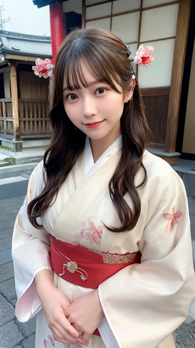 professional lighting,(Photoreal:1.4), (Top image quality:1.0), (超A high resolution:1.0), 8k, Raw photography, (masterpiece:0.2), (Pueros face_v1:0.5)、(highest quality Detail:1.2)、realistic、8k UHD、High resolution、(1 girl:1.2)、Super detailed、High quality textures、intricate details、detailed、Very detailed CG、High quality shadows、detailed Beautiful and delicate face、Beautiful details and delicate eyes、(symmetrical eyes:1.2),Depth of the bounds written、ray tracing,1 girl, japanese girl, (natural smile:1.4),cute, thin, Portrait of a beautiful Japanese woman wearing a kimono, Standing elegantly on a street corner in Kyoto. A kimono with bright traditional patterns, Hair decorated with an elegant and delicate hairpin, and a gentle expression. (Against the backdrop of the old streets of Kyoto:1.4)、soft light on a spring afternoon、adds tranquility to the scene. Rendered in a realistic style with great attention to detail, High resolution images.s ky porn, magic hour, (realistic:1.3), finely, quality, (table top:1.2), (realistic:1.2), (highest quality), (Complex details), dramatic, ray tracing, photograph, +roller