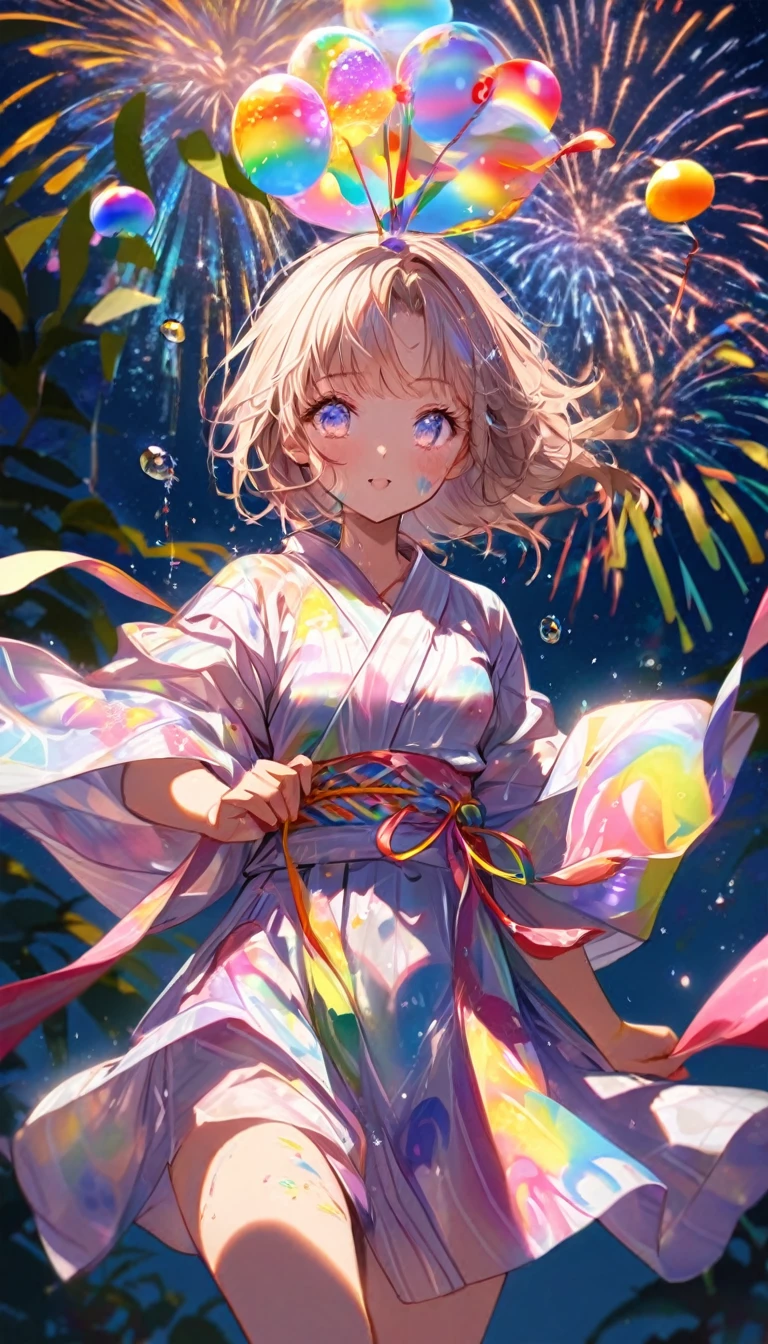 Tanabata、Strip、Bamboo leaf、Stripに願いをこめて、Stripを持っている、Orihime and Hikoboshi、Grilling in a yukata,fluid,Particles of light, dream-like,Sparkling,dream-like glow,Paint drips,oil,strong stroke,Paint drips,Splash Paint Drop, oil,(Abstract:1.2)A girl made up of(Tanabataライトトレース:1.25),Change to (Radioluminescence light tracking) Style Fireworks,(Cowboy Shot,Above Knee Portrait:1.25),Temple Fair,Summer festival,Shining in rainbow colors、16K, Ultra-high resolution, to be born,wonderful ,future、Iridescent、The world 30 years from now。