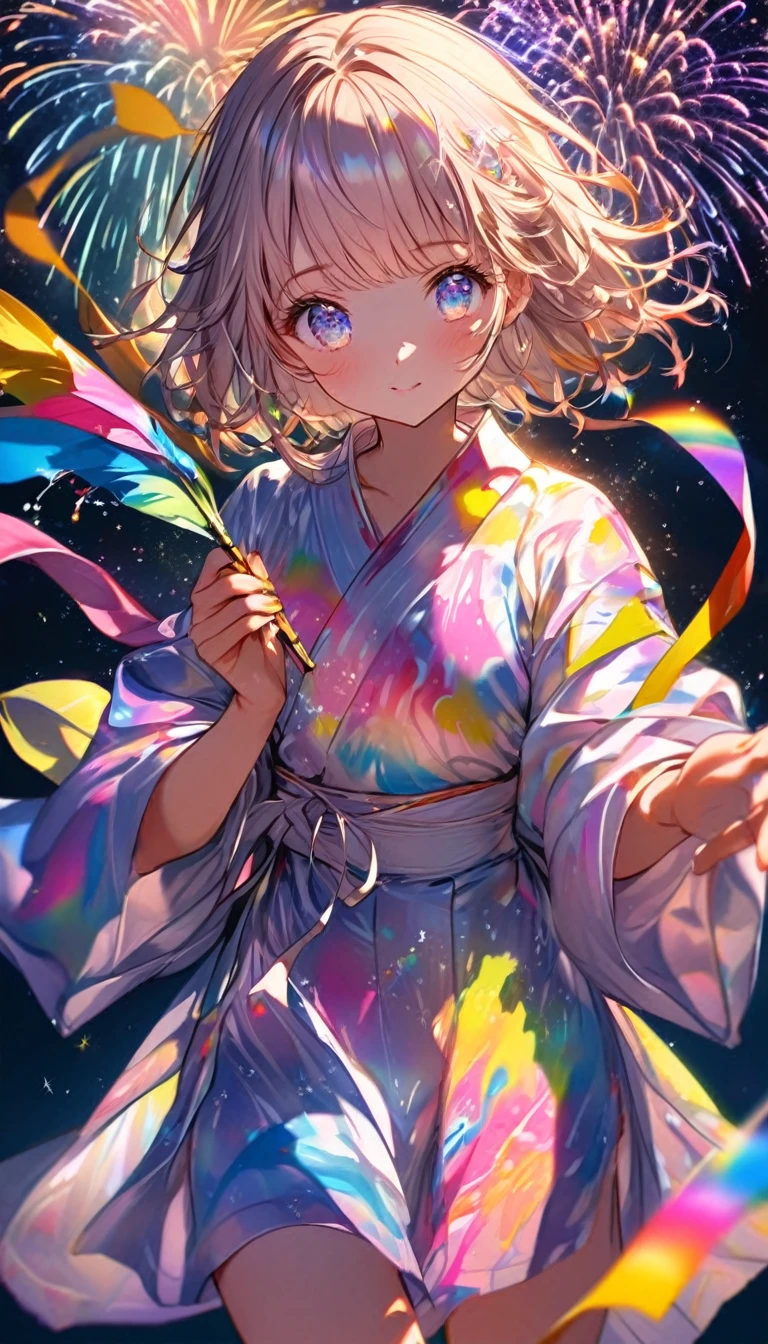 Tanabata、Strip、Bamboo leaf、Stripに願いをこめて、Stripを持っている、Orihime and Hikoboshi、Grilling in a yukata,fluid,Particles of light, dream-like,Sparkling,dream-like glow,Paint drips,oil,strong stroke,Paint drips,Splash Paint Drop, oil,(Abstract:1.2)A girl made up of(Tanabataライトトレース:1.25),Change to (Radioluminescence light tracking) Style Fireworks,(Cowboy Shot,Above Knee Portrait:1.25),Temple Fair,Summer festival,Shining in rainbow colors、16K, Ultra-high resolution, to be born,wonderful ,future、Iridescent、The world 30 years from now。