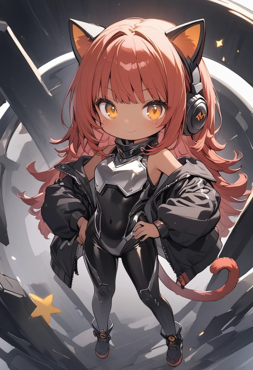 full body,1 girl,(cute:1.3),red Hair, left eye blue, right eye yellow, tan skin, freckles,{White breastplate, Black futuristic cat ear headphones, Mechanical black glossy metallic Bodysuit, Bare shoulders, oversized jacket, futuristic cat tail, Glossy, shiny material, hand on hip pose