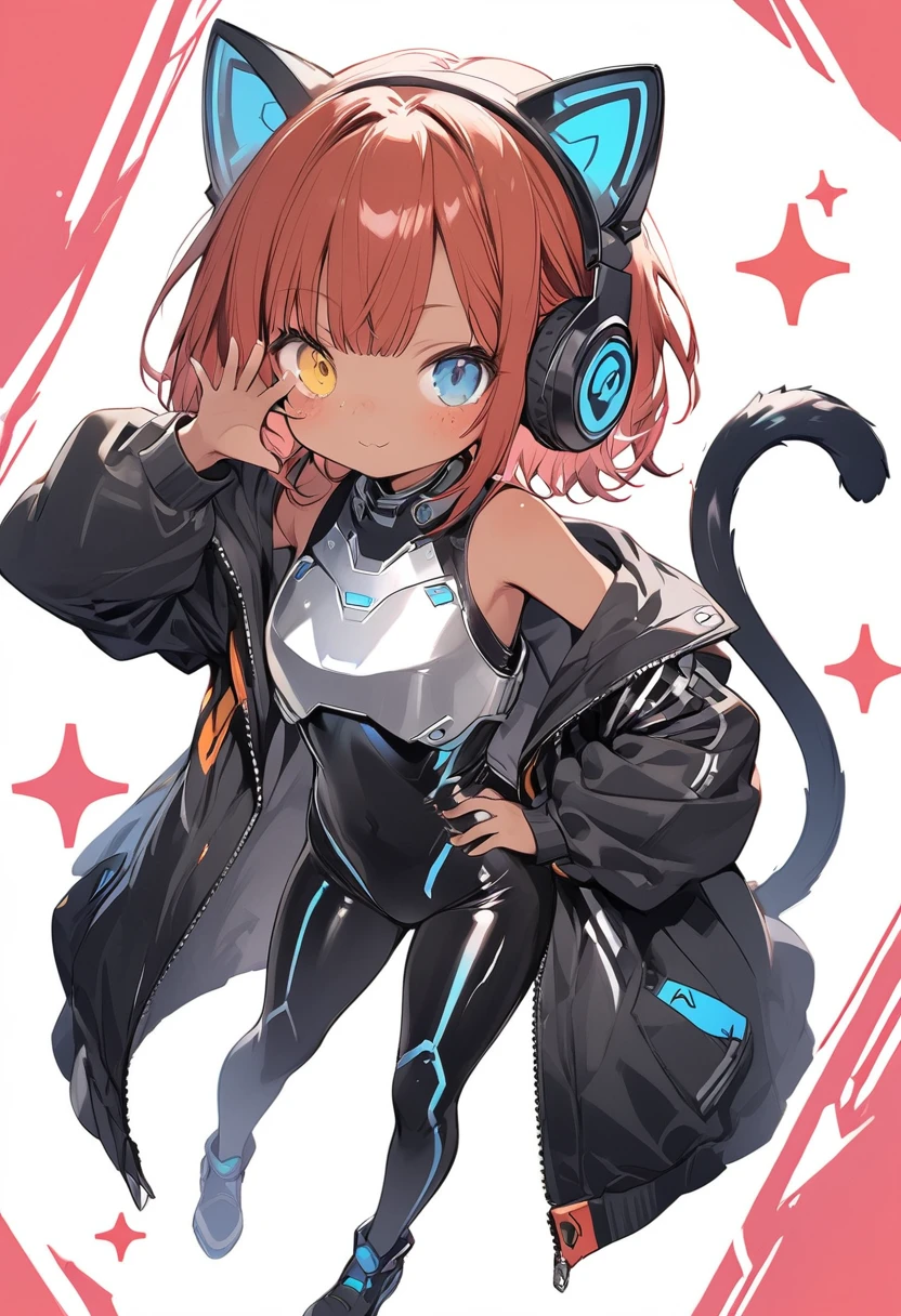 full body,1 girl,(cute:1.3),red Hair, left eye blue, right eye yellow, tan skin, freckles,{White breastplate, Black futuristic cat ear headphones, Mechanical black glossy metallic Bodysuit, Bare shoulders, oversized jacket, futuristic cat tail, Glossy, shiny material, hand on hip pose