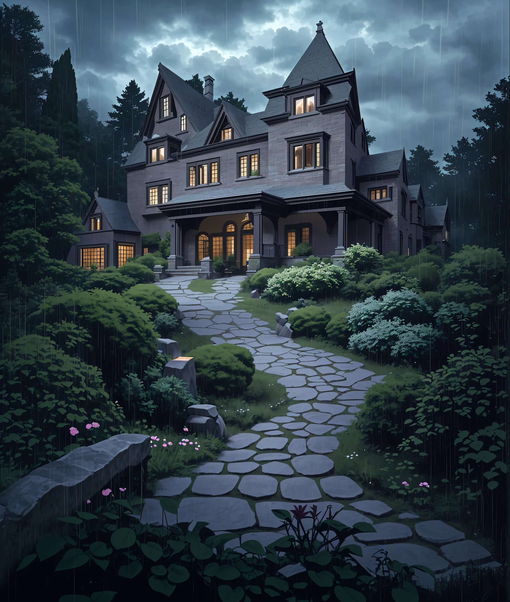 The Romanesque Revival mansion, accessed by a winding stone path, is surrounded by an English garden. There is a dense forest behind the house. There is a dark cloud above the house, which portends a downpour. The lights in the windows are off.