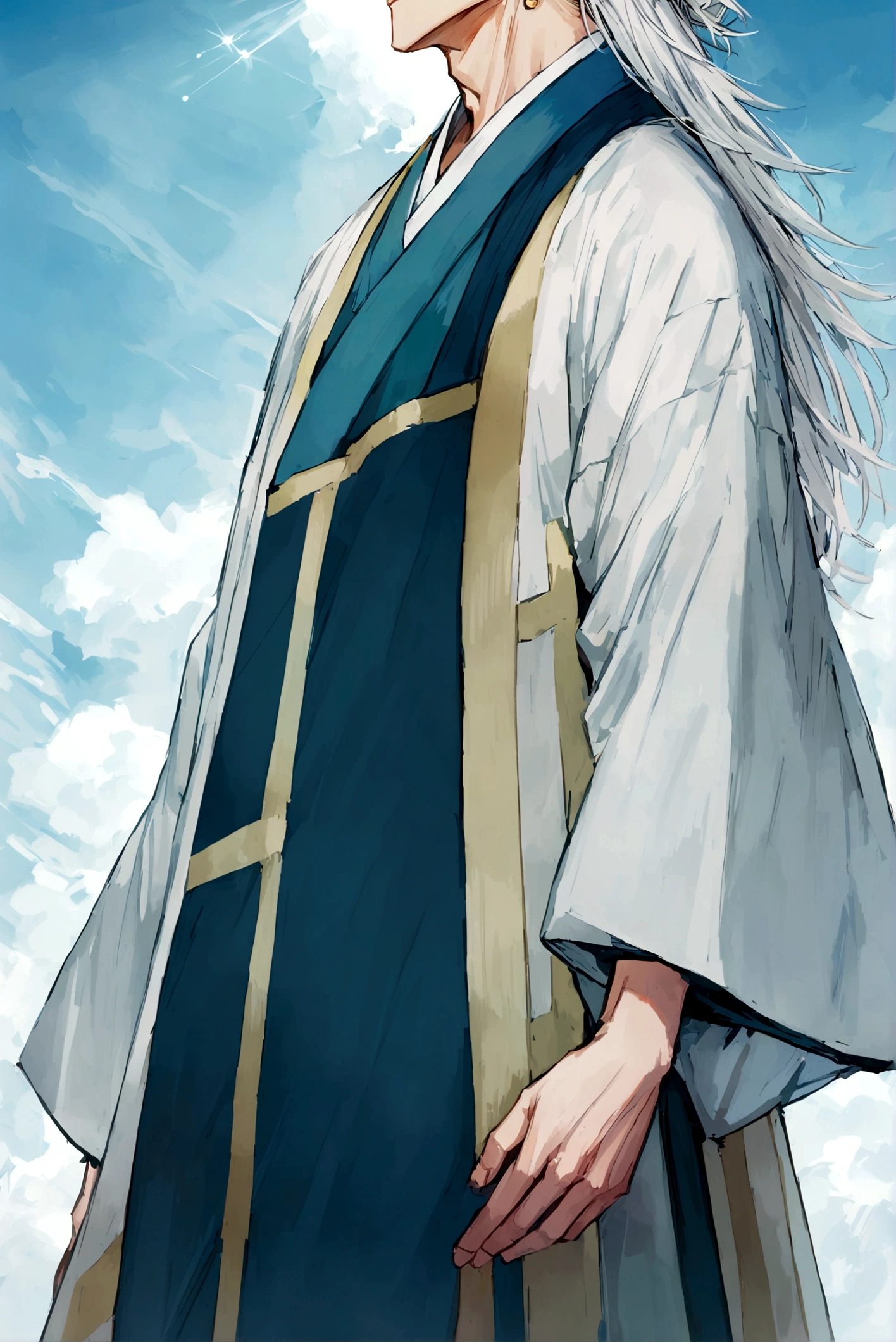 25 year old man with white hair and sparkling light blue eyes, 180cm tall, wearing traditional Solo Basan clothing