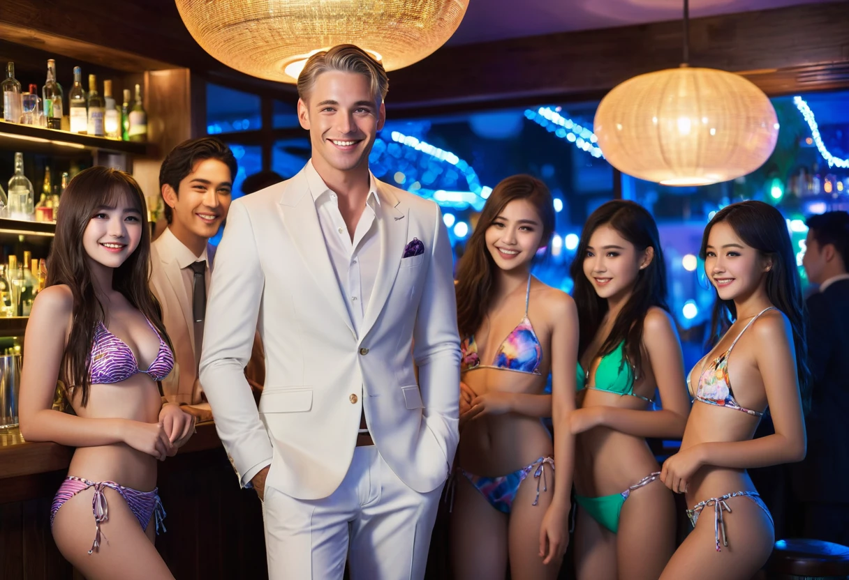 A stunningly handsome white man, dressed in a very elegant suit stands inside of an upscale bar at night. He smiles slightly, extremely confident. He stands amount a group of young female adolescents. The adolescents are dressed in string bikinis, smiling brightly while grabbing the man.