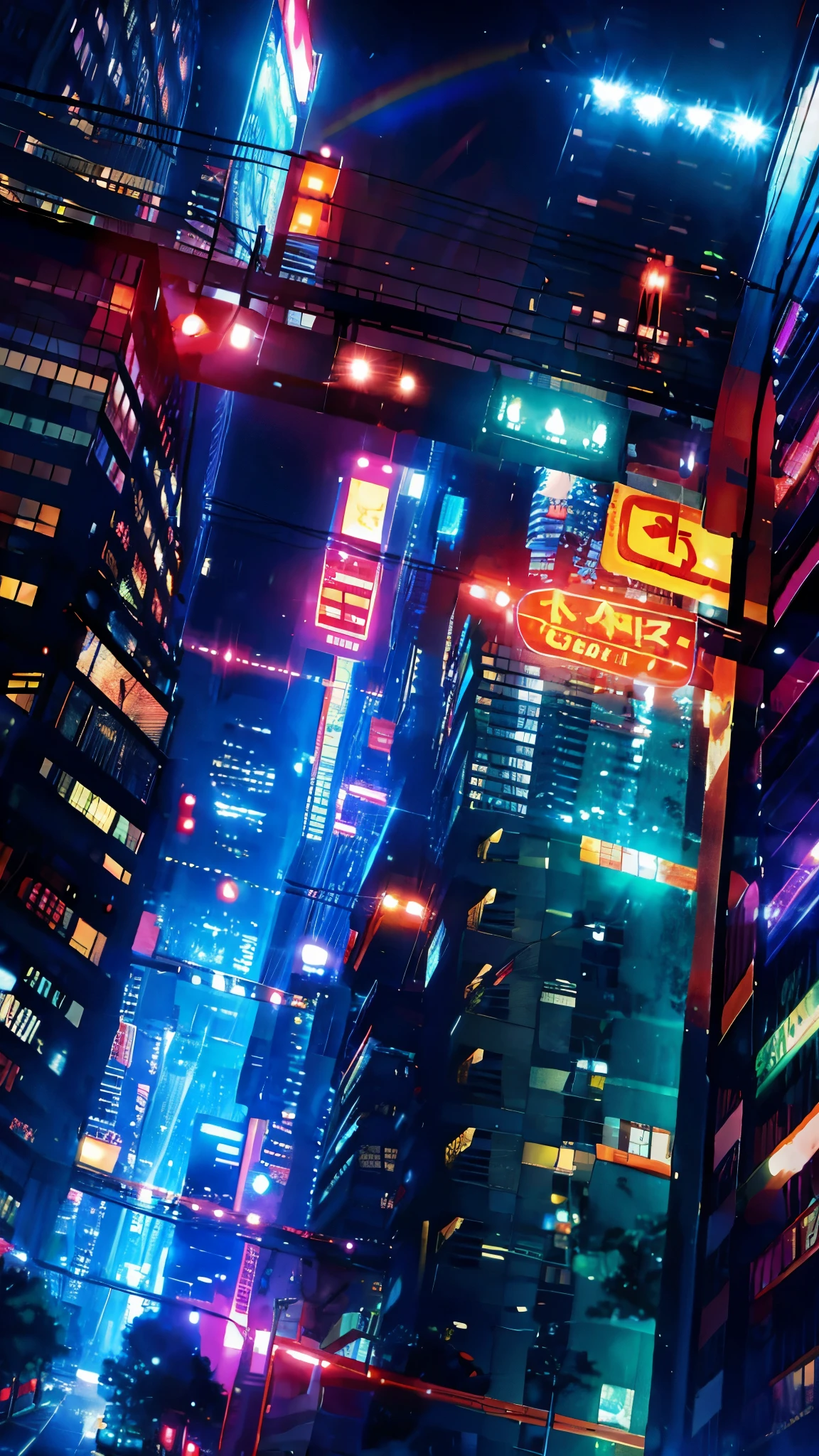 Anime Style,Night view,city,rainbow,traffic jam,building,traffic jam light,lots of,