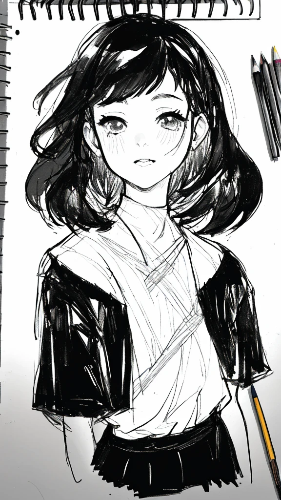 One Girl,Line art,Monochrome,sketch,Pencil drawing,Traditional Media,One Girl, skirt,Cute Teenage Girls, ,Beautiful portrait、Delicate body、Black Hair、Black Hair,landscape,Black and White