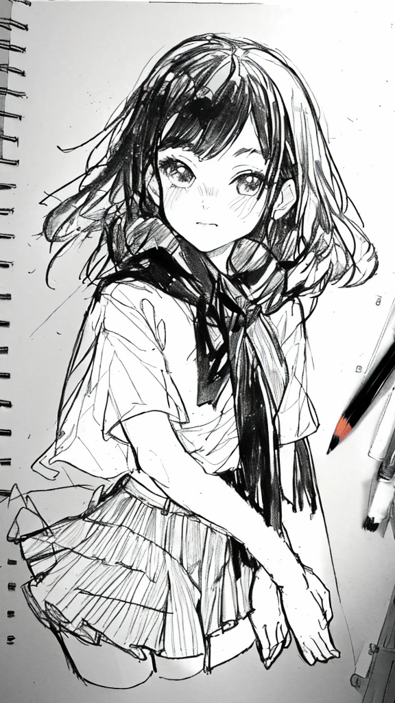 One Girl,Line art,Monochrome,sketch,Pencil drawing,Traditional Media,One Girl, skirt,Cute Teenage Girls, ,Beautiful portrait、Delicate body、Black Hair、Black Hair,landscape,Black and White