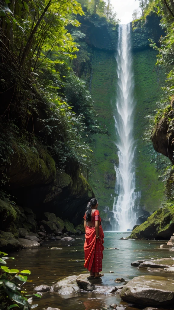 Indian woman near waterfall , adventure ,