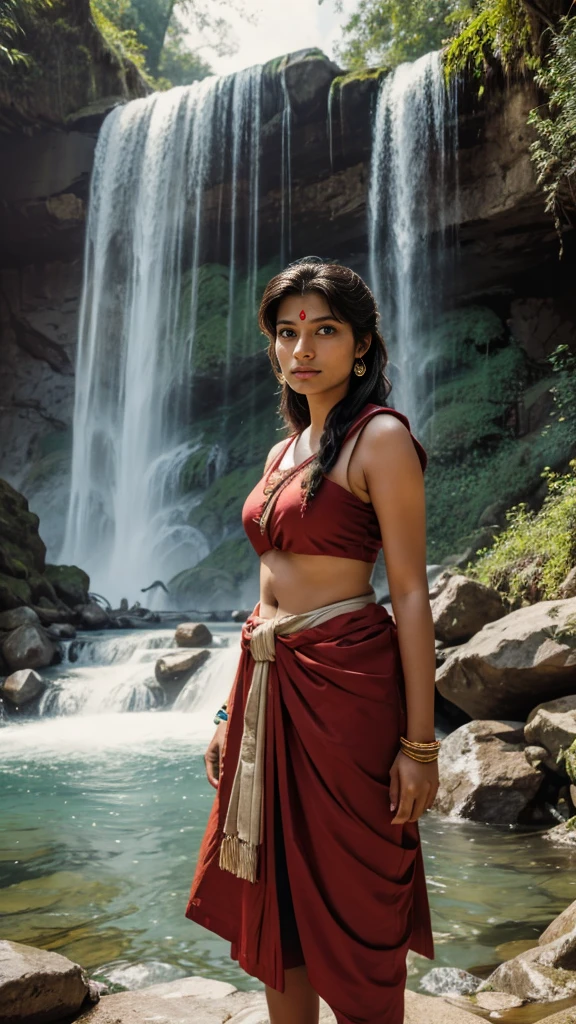 Indian woman near waterfall , adventure , 