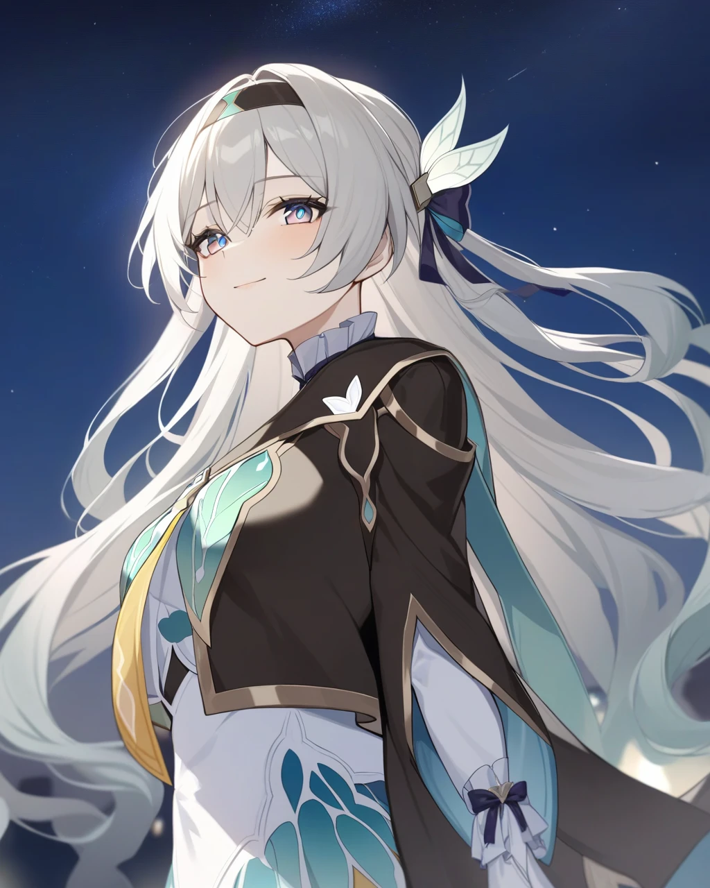 masterpiece,best quality,firefly \(Honkai: star rail\), 1 woman, alone, sky, star_\(sky\), looking for_~to_viewer, laugh, long_hair, starry_sky, blue_eye, forehead, night, hairband, night_sky, closed_mouth, White_hair, long_Sleeve, Black color_hairband, wing_hair_decoration, hair_decoration, dress, hair_~ between_eye