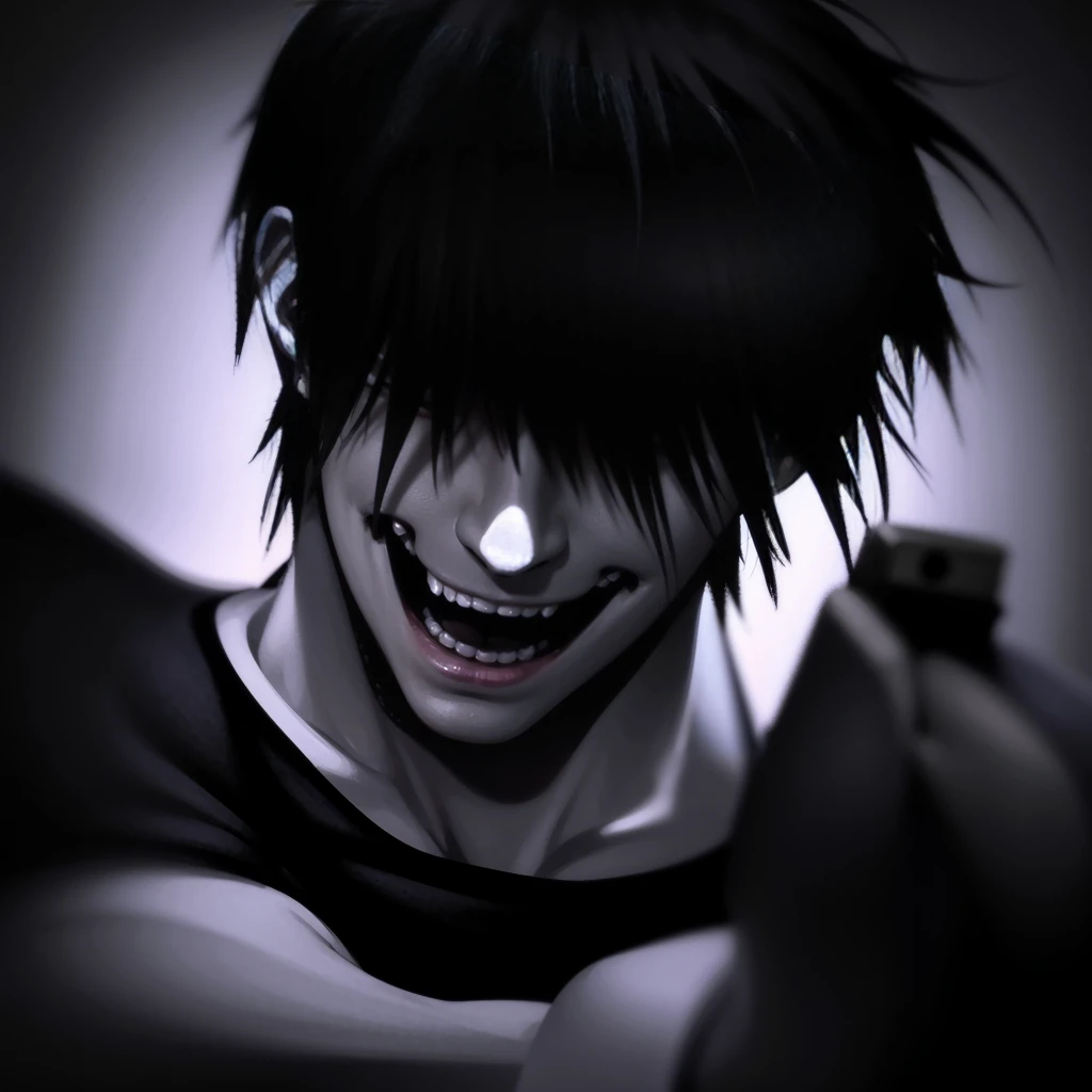 The image shows a man with black hair and a smirk, holding a gun. He appears to be in a state of excitement or anticipation. 3d, hd, 4k