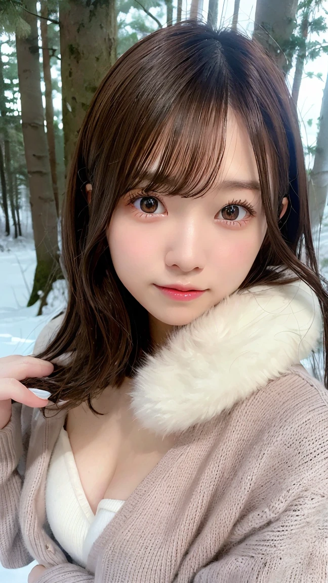 in the snowy forest, japanese girl, winter knit sweater, Yuki, pupils shine, brown short hair, big breasts, realistic portrait, depth of field, f/1.8, anatomically correct, rough skin, Super detailed, advanced details, high quality, Super detailed, advanced details, high quality, 最high quality, High resolution