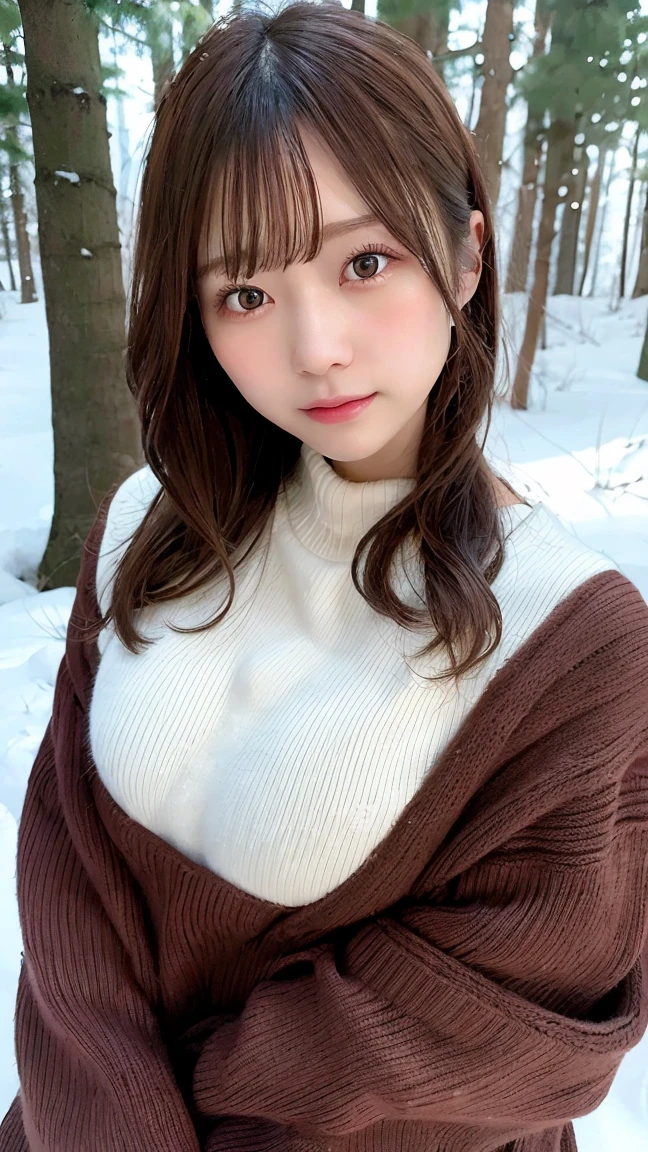 in the snowy forest, japanese girl, winter knit sweater, Yuki, pupils shine, brown short hair, big breasts, realistic portrait, depth of field, f/1.8, anatomically correct, rough skin, Super detailed, advanced details, high quality, Super detailed, advanced details, high quality, 最high quality, High resolution