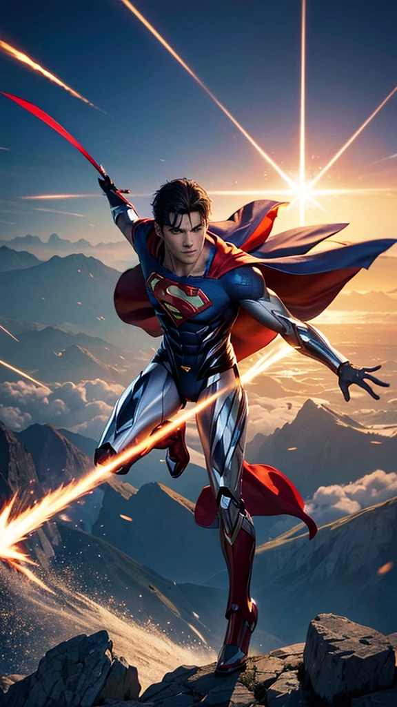 Masterpiece, best quality, NVIDIA RTX, sharp picture, cinematic lightning, ((hi-tech futuristic Superman)), ((Superman symbol)), ((flying away from explosion)), full of anger, perfect face, proportional body, luminous mecha-armor:1.3, glowing mecha armor:1.3, (cape blown by strong winds:1.3), full body, epic lights reflection, night, smokes, from above