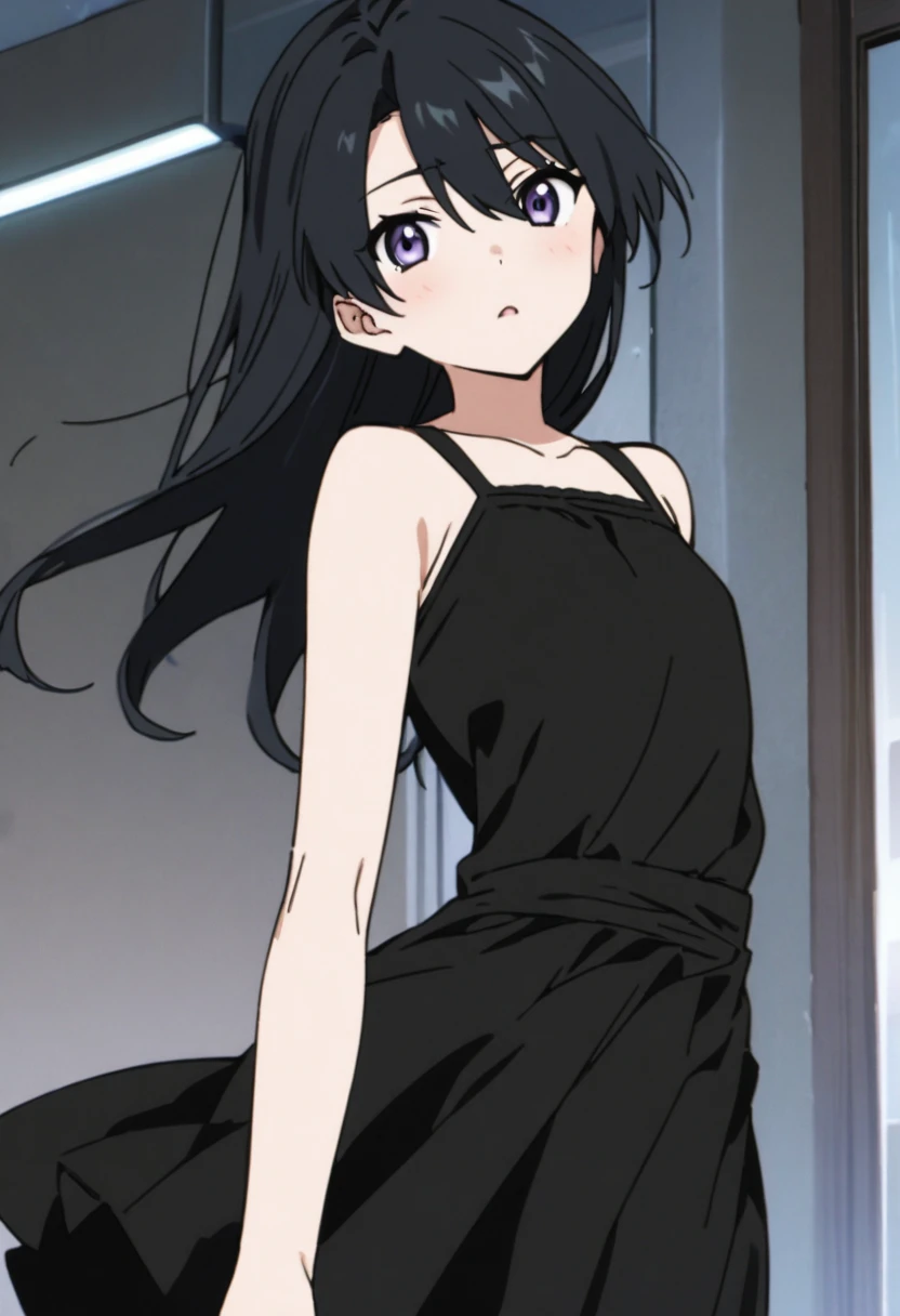 anime girl with black hair and a black dress and a black top, 1 7 - year - old
