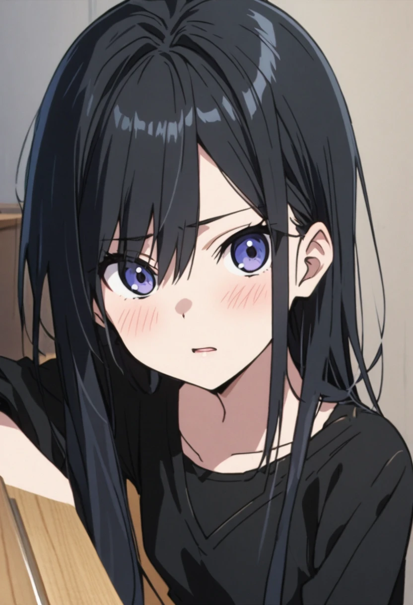 anime girl with black hair and a black dress and a black top, 1 7 - year - old
