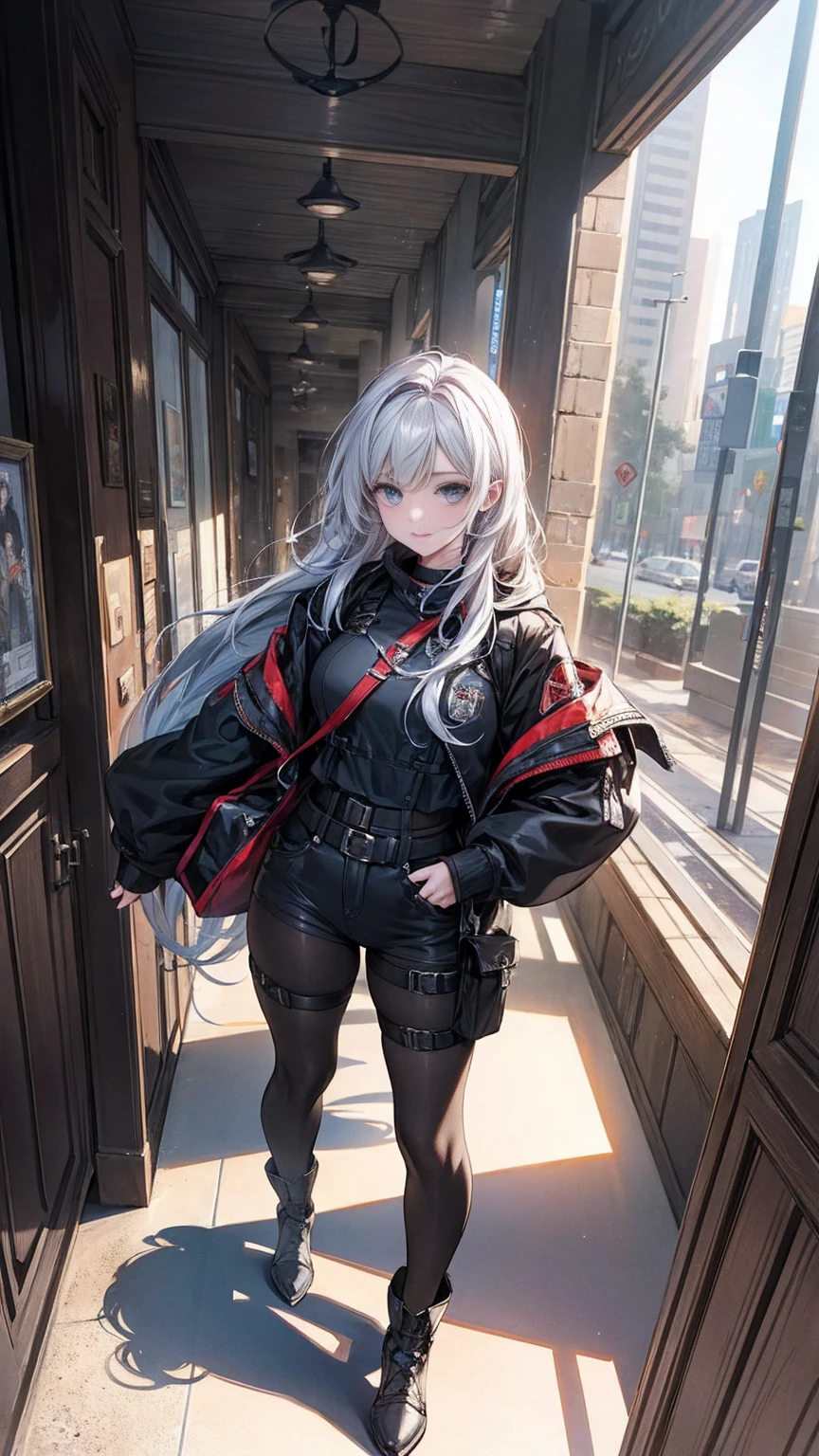 anime moe art style,Best Anime 8K Konachan Wallpapers,Badass Anime 8K,Perfect Anatomy, (Please draw a picture of a girl looking down on the city from the rooftop..........)From diagonally above,overhead angle,BREAK, 1 That girl is a female swordsman, (Solo,Lori,child,18year old:1.3), Androgynous attraction, (very long gray hair, Blunt bangs), Full limbs, complete fingers,, Small butt, groin, Beautiful dark eyes created by detailed 8K, jaket,Obi,flowing skirt, standing on the roof of a skyscrapper. BREAK, i have a mission.。Sasasasa...。Ultra-detailed,High resolution,super detailed skin, Professional Lighting, Illustration,Landscape of the near future