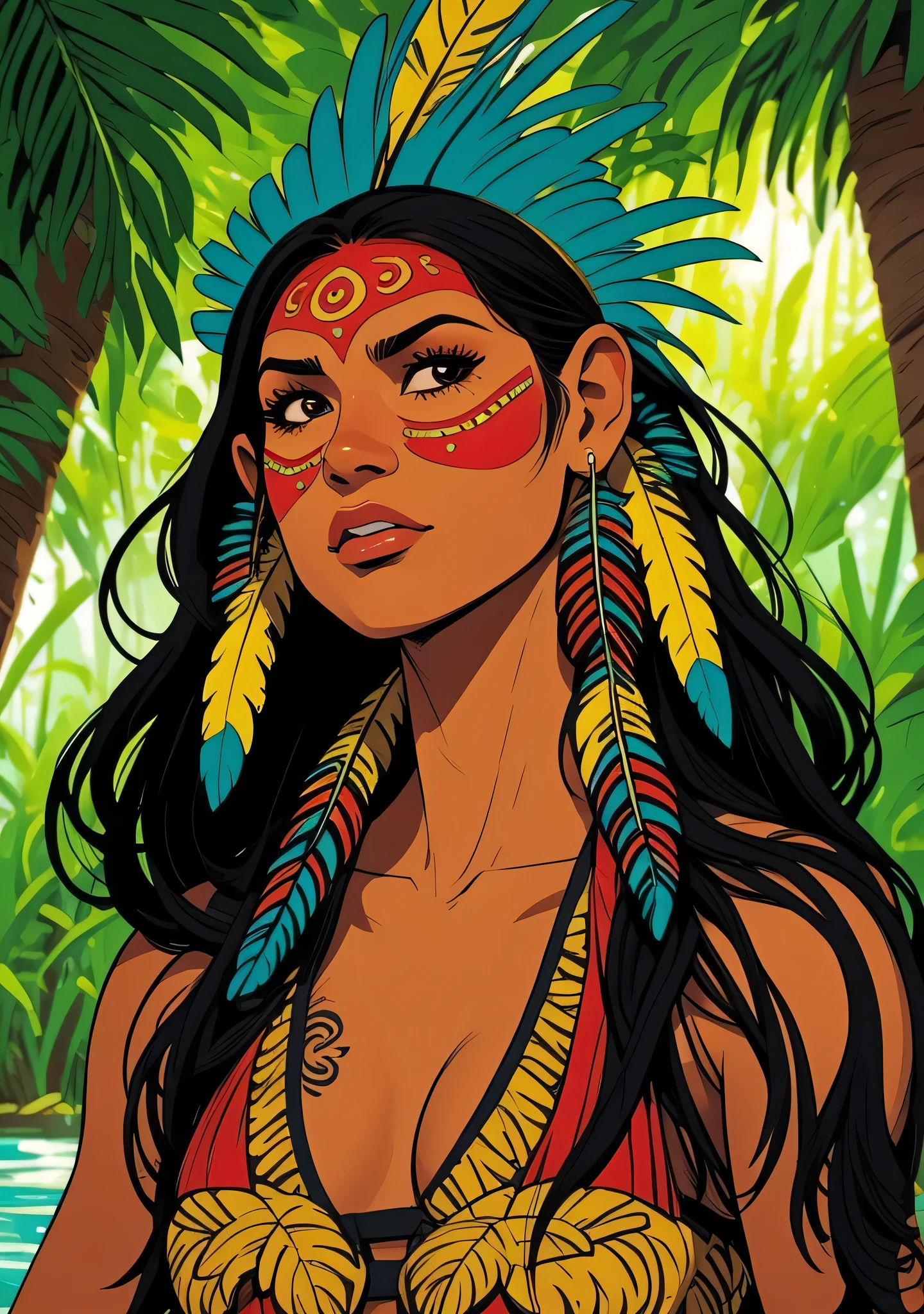 comic book art, digitalpainting. A beautiful indigenous girl in native with feathers and feathers on her head, Amazonian indigenous peoples in Brazil, beautiful young native brazilian female, paint your face, hot body, Yanomami Indian in typical costumes,high qualiy. Amazon rainforest and river bottom. bright coloured, cinematic lighting. detailded, intricate, detailded face.